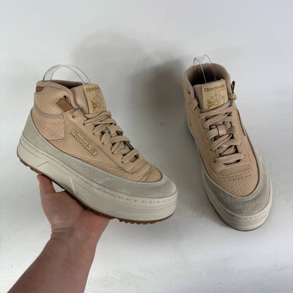 Reebok Club C Geo Platform Sneakers Womens 8 Weathered Beige Leather Lace-Up - Picture 1 of 10